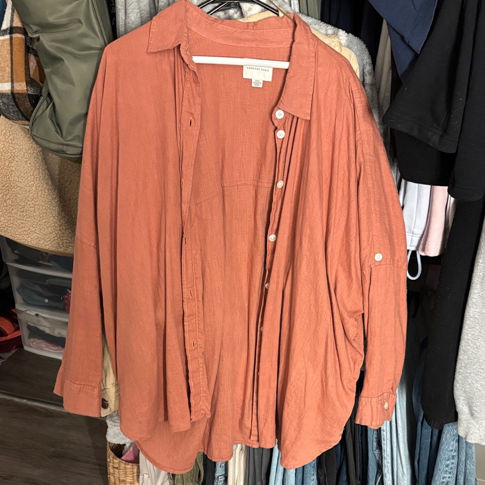 American Eagle Outfitters Women's Orange Button Down Shirt